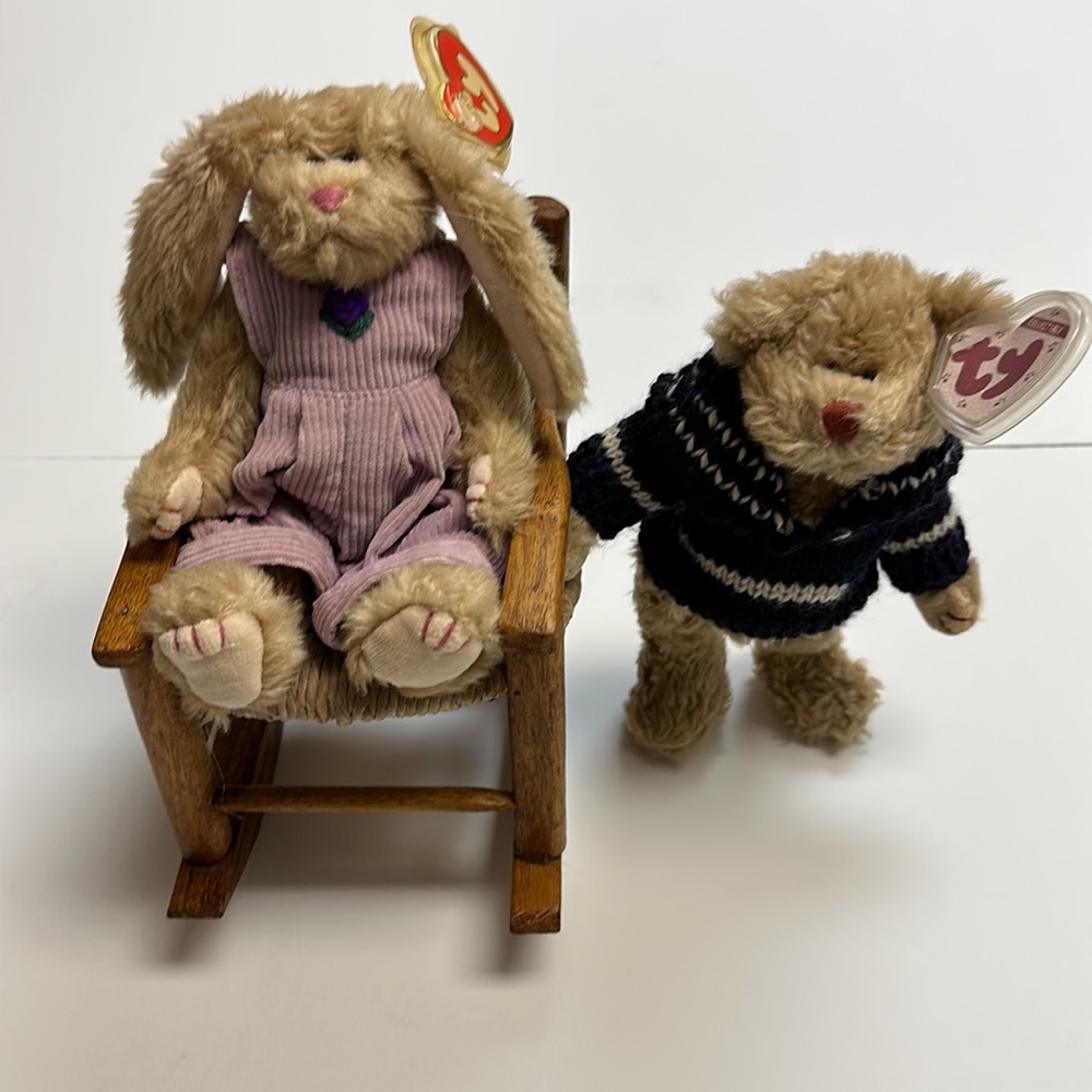 Vintage Ty Dressed Bunny & Bear in Small Rocking Chair. Animals Are Posable.